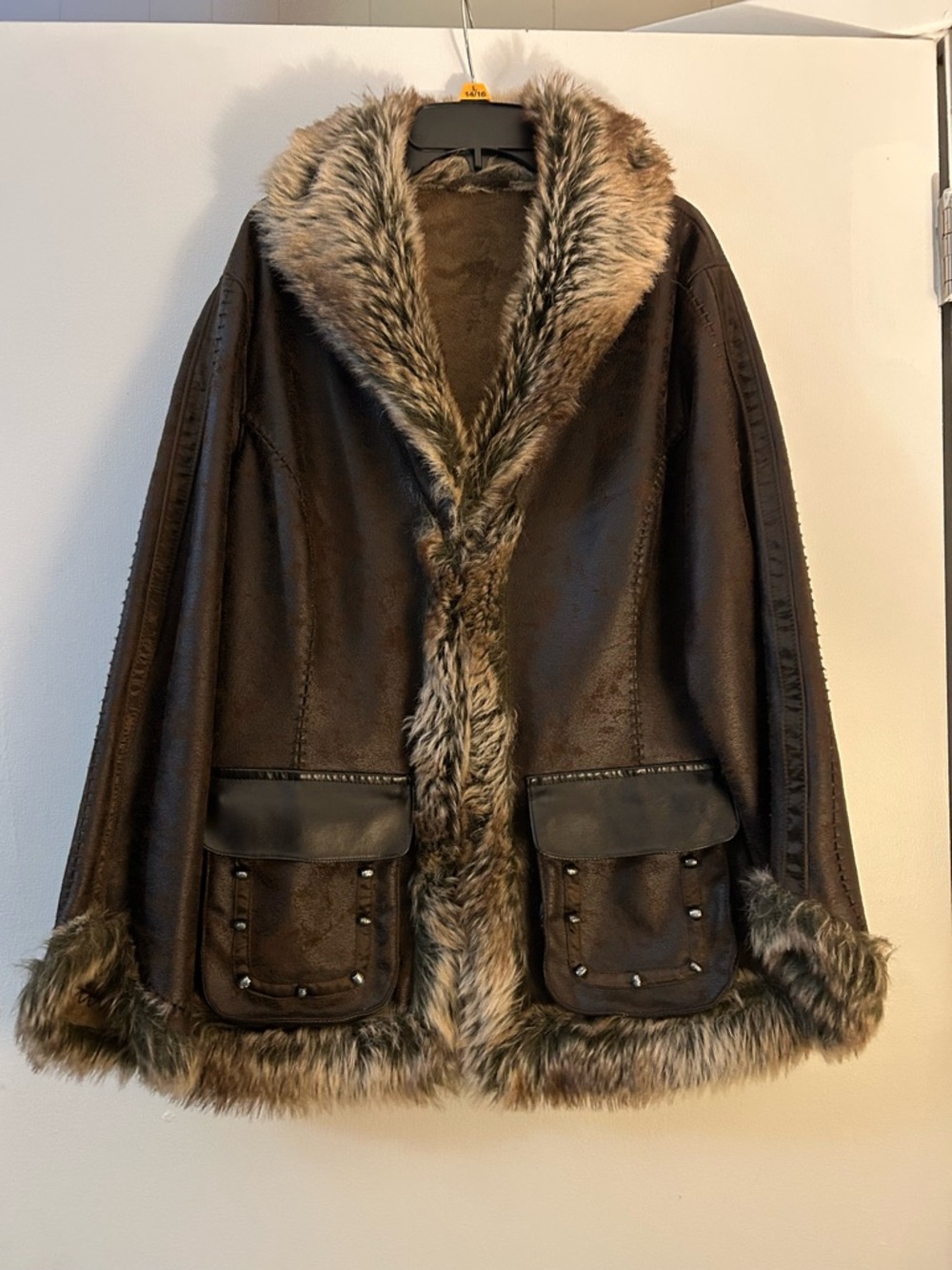 Scully Brown Faux Shearling Coat with Fur Trim